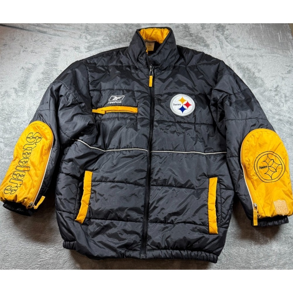 Vtg Reebok Pittsburgh Steelers‎ NFL Puffer Jacket Black Yellow Logo Medium